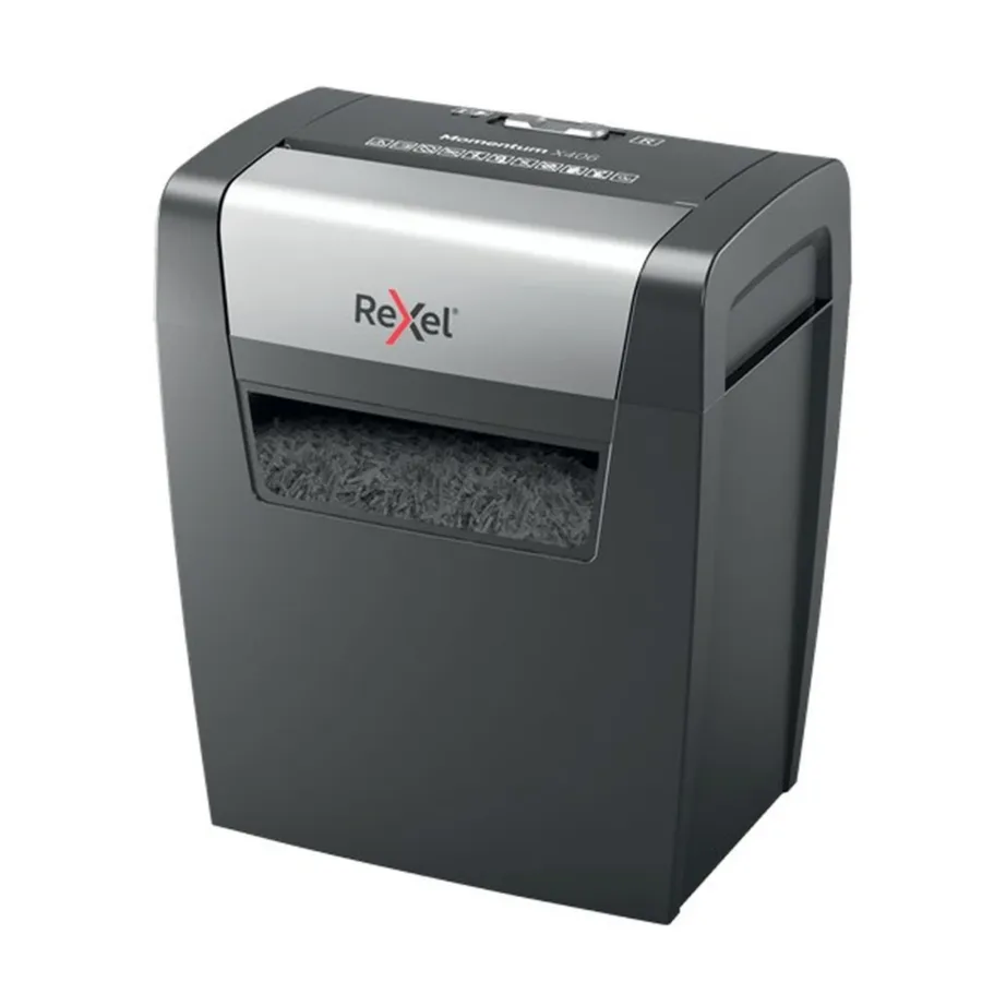 Rexel Momentum X406 6-lehelise 4×28 mm osakesteks lõikava 15L sinihalli paberipurustaja, P-4 turbetase – 2
