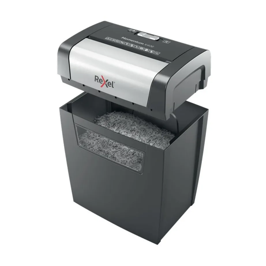 Rexel Momentum X406 6-lehelise 4×28 mm osakesteks lõikava 15L sinihalli paberipurustaja, P-4 turbetase – 3