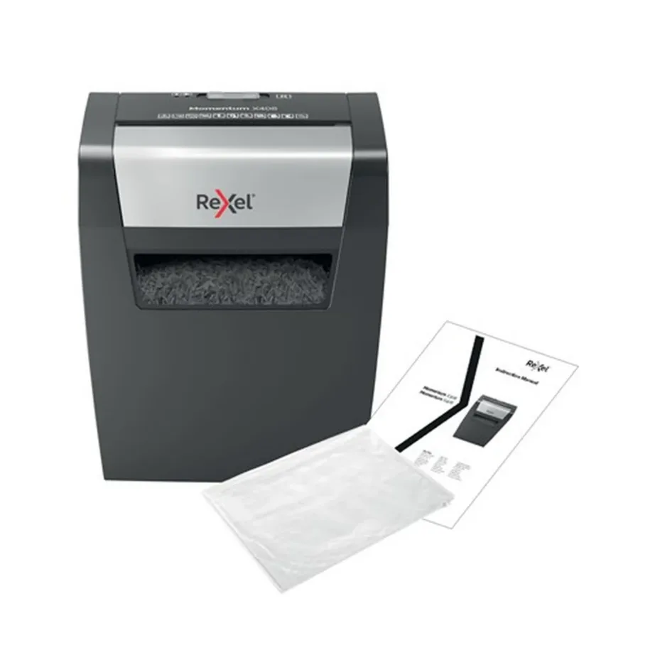 Rexel Momentum X406 6-lehelise 4×28 mm osakesteks lõikava 15L sinihalli paberipurustaja, P-4 turbetase – 8