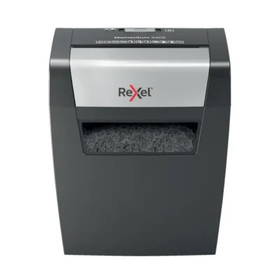 Rexel Momentum X406 6-lehelise 4x28 mm osakesteks lõikava 15L sinihalli paberipurustaja, P-4 turbetase