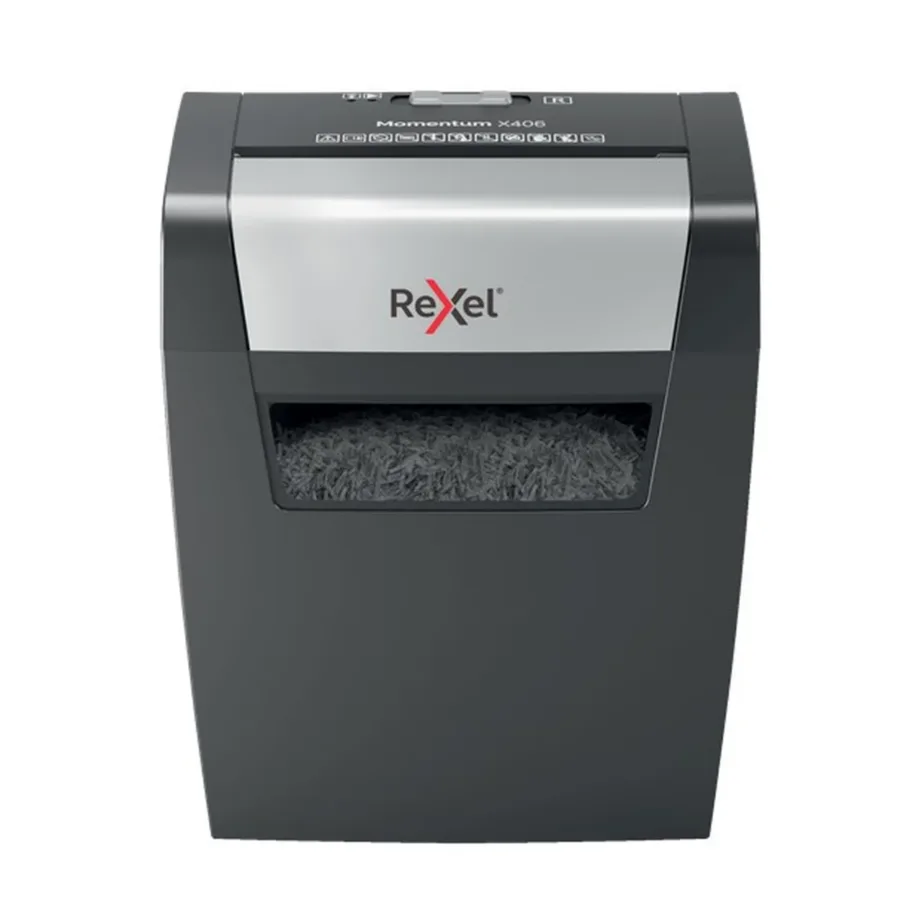 Rexel Momentum X406 6-lehelise 4×28 mm osakesteks lõikava 15L sinihalli paberipurustaja, P-4 turbetase