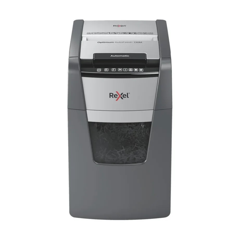 Rexel Optimum AutoFeed+ 130M P-5 44L mikrohakkur 130 lehe jaoks, ummistusvastane, klambrite ja kaartide hävitus, puutetundlik juhtimine