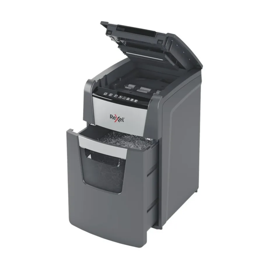 Rexel Optimum AutoFeed+ 130XEU 130-leheline 44L P-4 ristlõikega dokumendihävitaja, must/hõbe, A4, klambrite ja krediitkaartide hävitus, 22 cm töölaius, 55 dB – 3