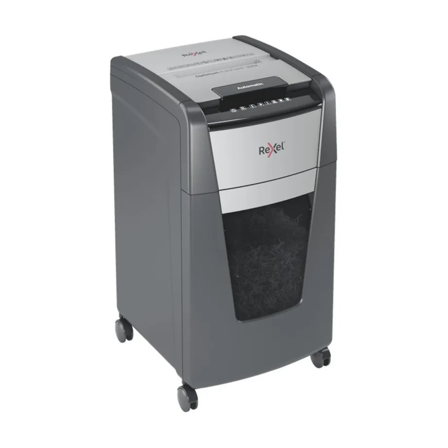 Rexel Optimum AutoFeed+ 225XEU 23 cm ristlõikega paberihävitaja, 225 lehte, P-4 turbetase, 60L konteiner, must/hall – 3