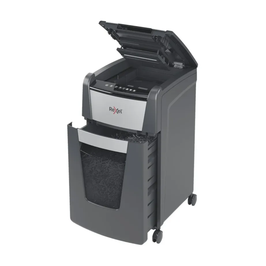 Rexel Optimum AutoFeed+ 225XEU 23 cm ristlõikega paberihävitaja, 225 lehte, P-4 turbetase, 60L konteiner, must/hall – 4