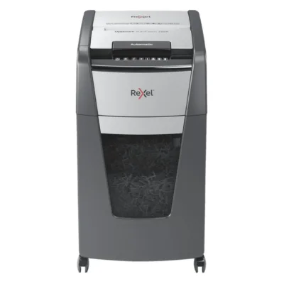 Rexel Optimum AutoFeed+ 225XEU 23 cm ristlõikega paberihävitaja, 225 lehte, P-4 turbetase, 60L konteiner, must/hall