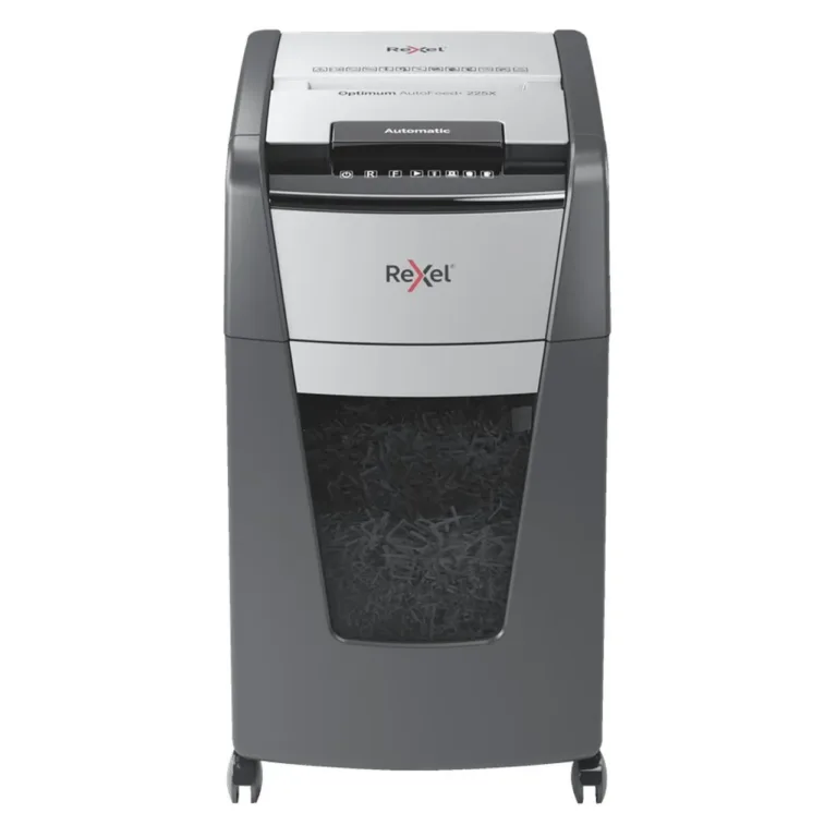 Rexel Optimum AutoFeed+ 225XEU 23 cm ristlõikega paberihävitaja, 225 lehte, P-4 turbetase, 60L konteiner, must/hall