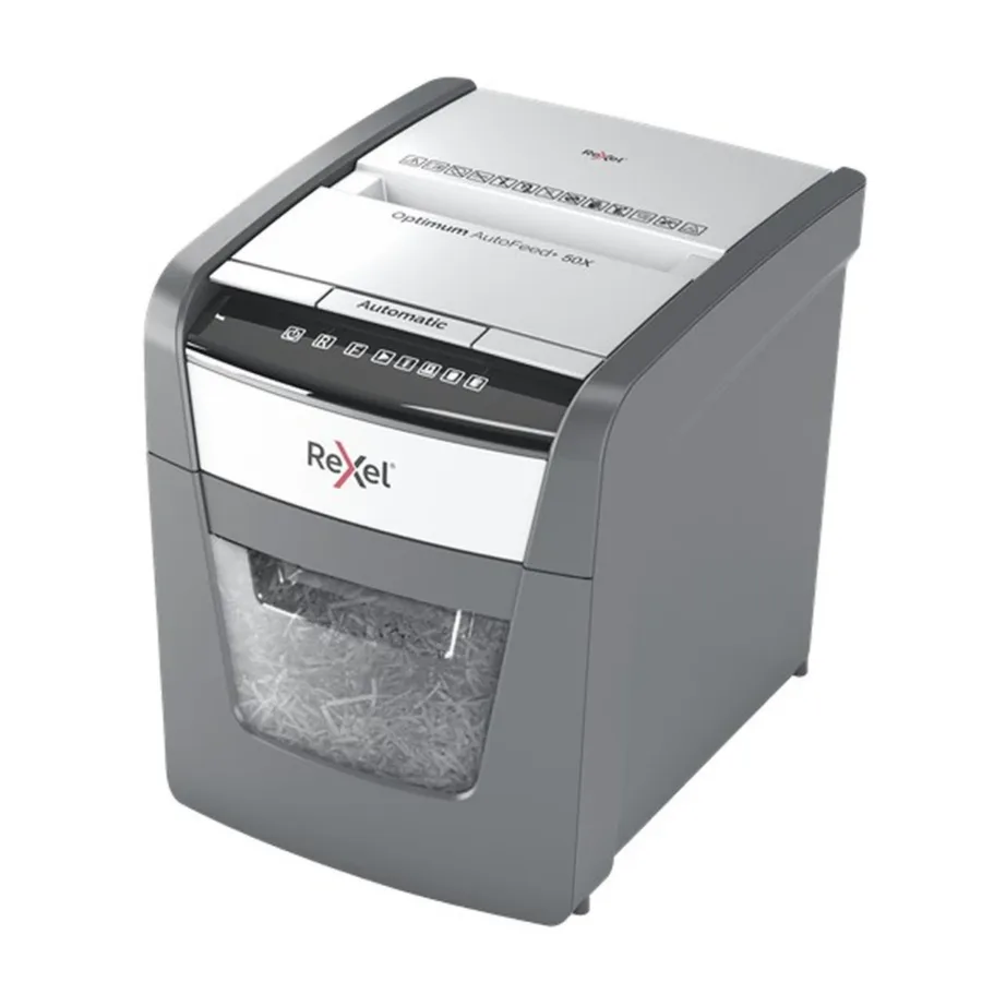 Rexel Optimum AutoFeed+ 50X 22 cm ristlõikega paberipurustaja, 50-lehe automaatsööt, P-4 turbeklass, 20L must/hall, 55 dB – 2