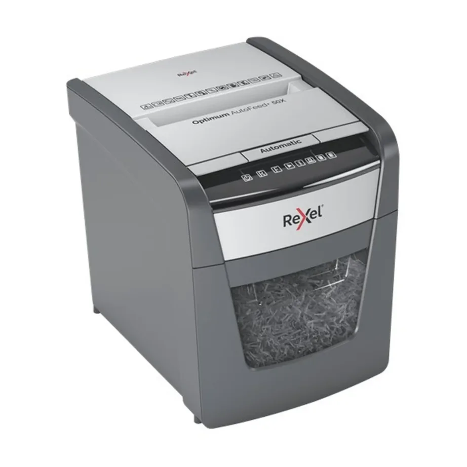 Rexel Optimum AutoFeed+ 50X 22 cm ristlõikega paberipurustaja, 50-lehe automaatsööt, P-4 turbeklass, 20L must/hall, 55 dB – 3