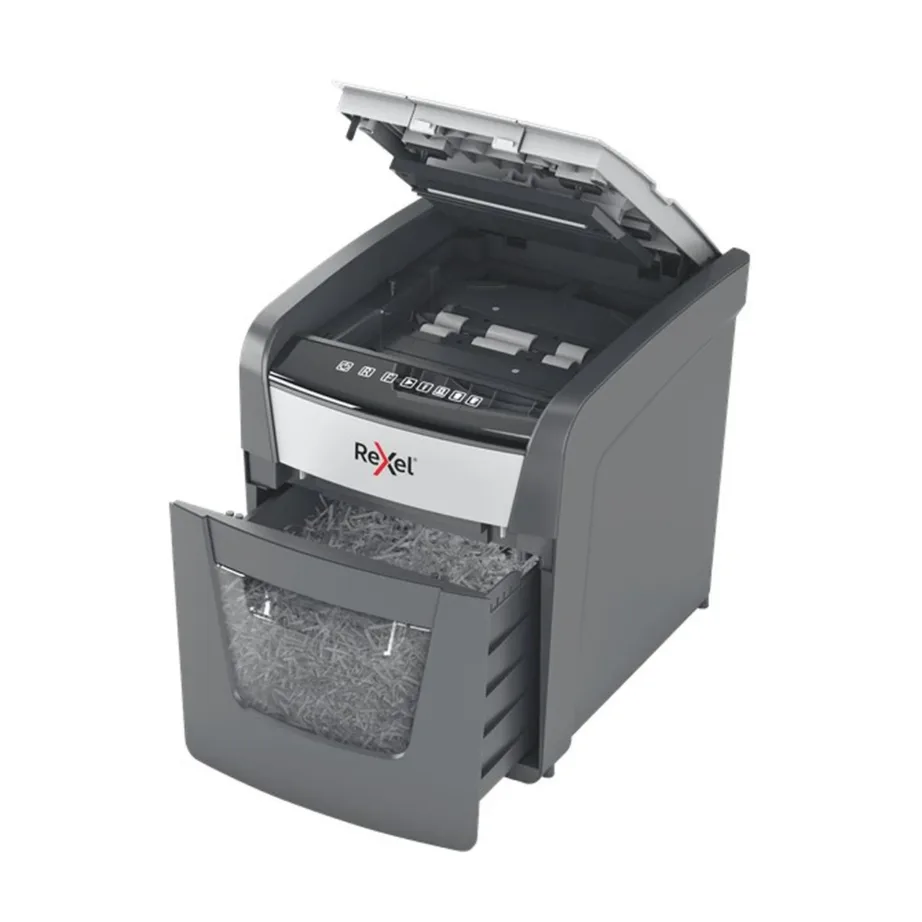 Rexel Optimum AutoFeed+ 50X 22 cm ristlõikega paberipurustaja, 50-lehe automaatsööt, P-4 turbeklass, 20L must/hall, 55 dB – 4