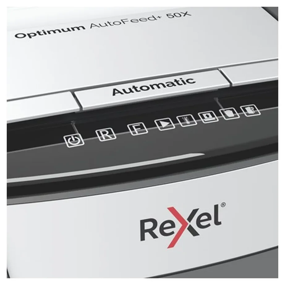 Rexel Optimum AutoFeed+ 50X 22 cm ristlõikega paberipurustaja, 50-lehe automaatsööt, P-4 turbeklass, 20L must/hall, 55 dB – 5