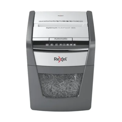 Rexel Optimum AutoFeed+ 50X 22 cm ristlõikega paberipurustaja, 50-lehe automaatsööt, P-4 turbeklass, 20L must/hall, 55 dB