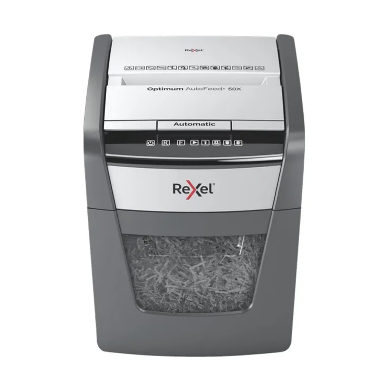 Rexel Optimum AutoFeed+ 50X 22 cm ristlõikega paberipurustaja, 50-lehe automaatsööt, P-4 turbeklass, 20L must/hall, 55 dB