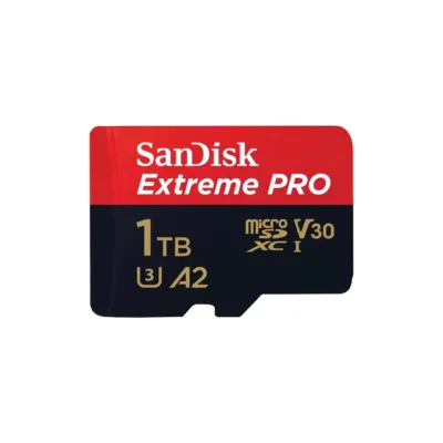 SanDisk Extreme PRO SDSQXCD-1T00-GN6MA 1TB MicroSDXC UHS-I Class 10 (U3, V30, A2) must/punane mälukaart, 200 MB/s lugemiskiirus, veekindel, SD-adapteriga