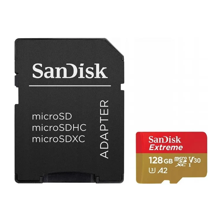 SanDisk Extreme SDSQXAA-128G-GN6AA 128GB microSDXC UHS-I U3 V30 mälukaart, lugemiskiirus 190MB/s, kirjutamiskiirus 90MB/s, vee-, löögi- ja röntgenikindel, SD-adapteriga, punane/kuldne