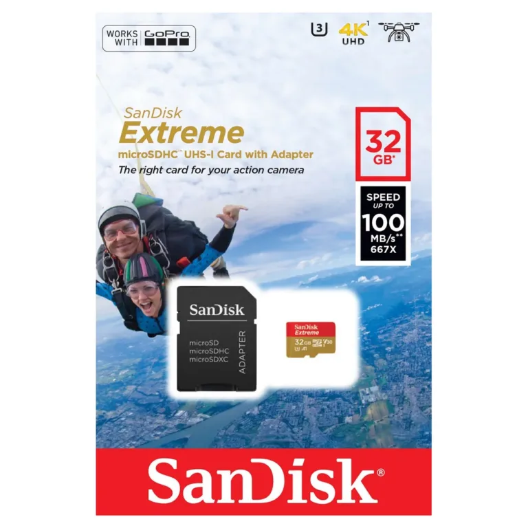 SanDisk Extreme SDSQXAF-032G-GN6AA 32GB UHS-I U3 V30 Class 10 microSDHC mälukaart 100MB/s lugemiskiirus, 60MB/s kirjutamiskiirus, veekindel, löögikindel, SD-adapteriga