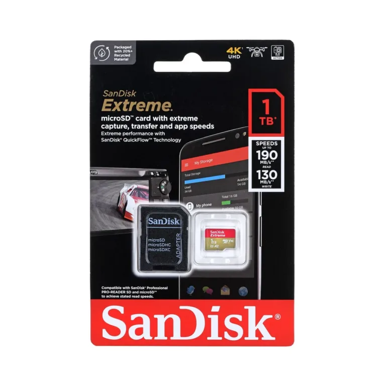 SanDisk Extreme SDSQXAV-1T00-GN6MA 1,02 TB MicroSDXC UHS-I V30 Class 3 mälukaart, 190 MB/s, adapteriga, kuldne/punane