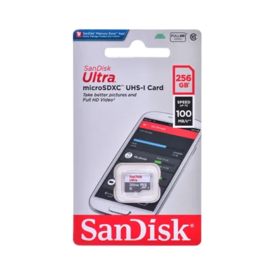SanDisk Ultra SDSQUNR-256G-GN3MN 256 GB microSDXC UHS-I Class 10 mälukaart, 100 MB/s lugemiskiirus, 1 tk, hall/valge
