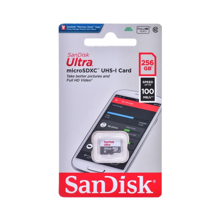 SanDisk Ultra SDSQUNR-256G-GN3MN 256 GB microSDXC UHS-I Class 10 mälukaart, 100 MB/s lugemiskiirus, 1 tk, hall/valge