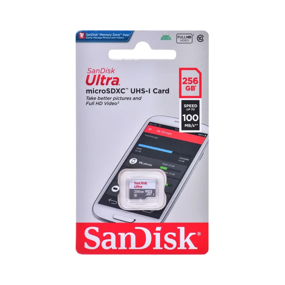 SanDisk Ultra SDSQUNR-256G-GN3MN 256 GB microSDXC UHS-I Class 10 mälukaart, 100 MB/s lugemiskiirus, 1 tk, hall/valge