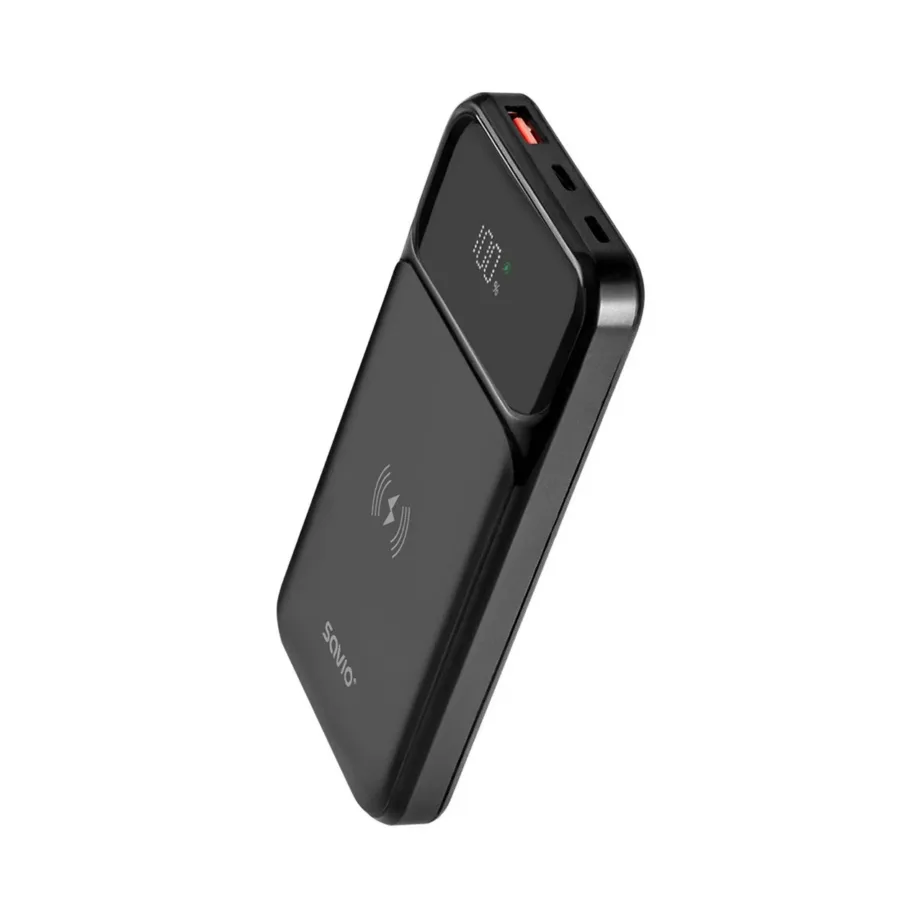 Savio BA-09 10 000 mAh must juhtmevaba akupank, Power Delivery, USB-A/USB-C, LiPo, kahe seadme laadimiseks