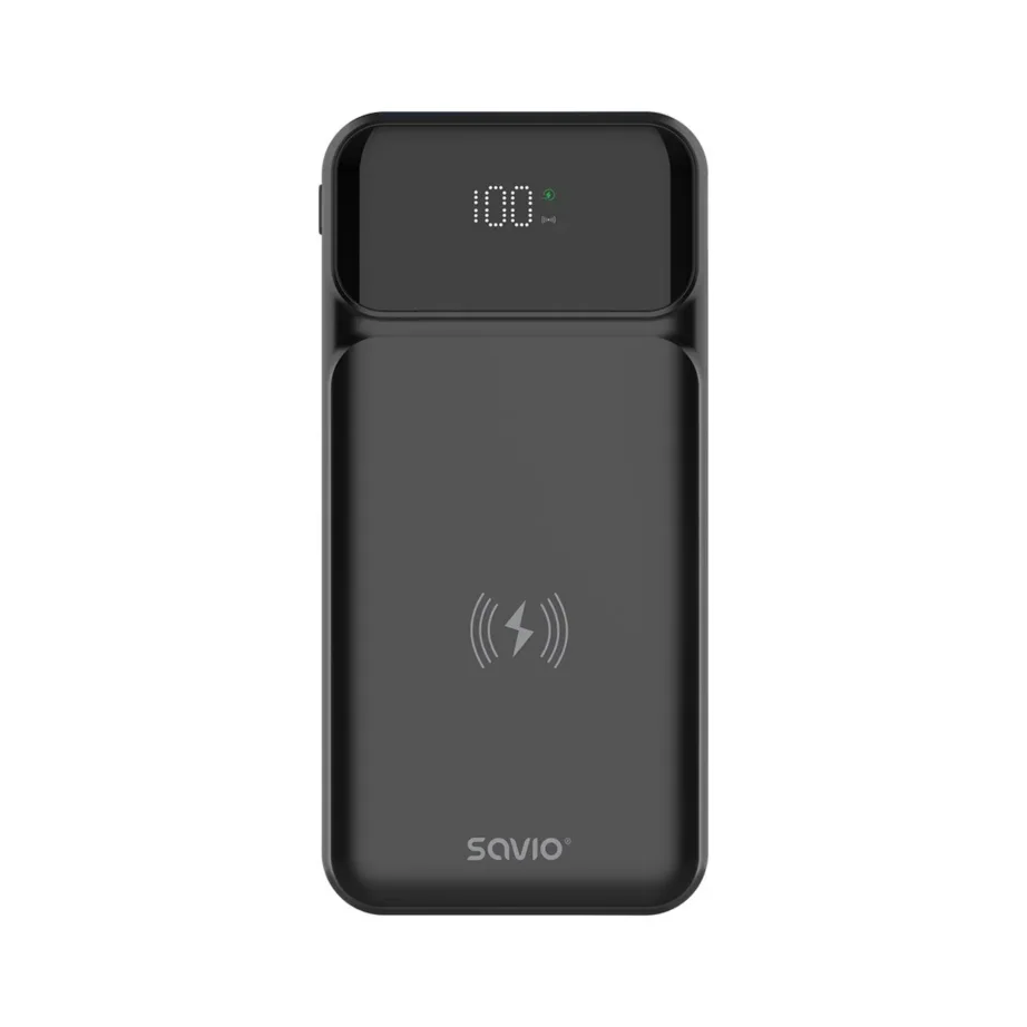 Savio BA-09 10 000 mAh must juhtmevaba akupank, Power Delivery, USB-A/USB-C, LiPo, kahe seadme laadimiseks