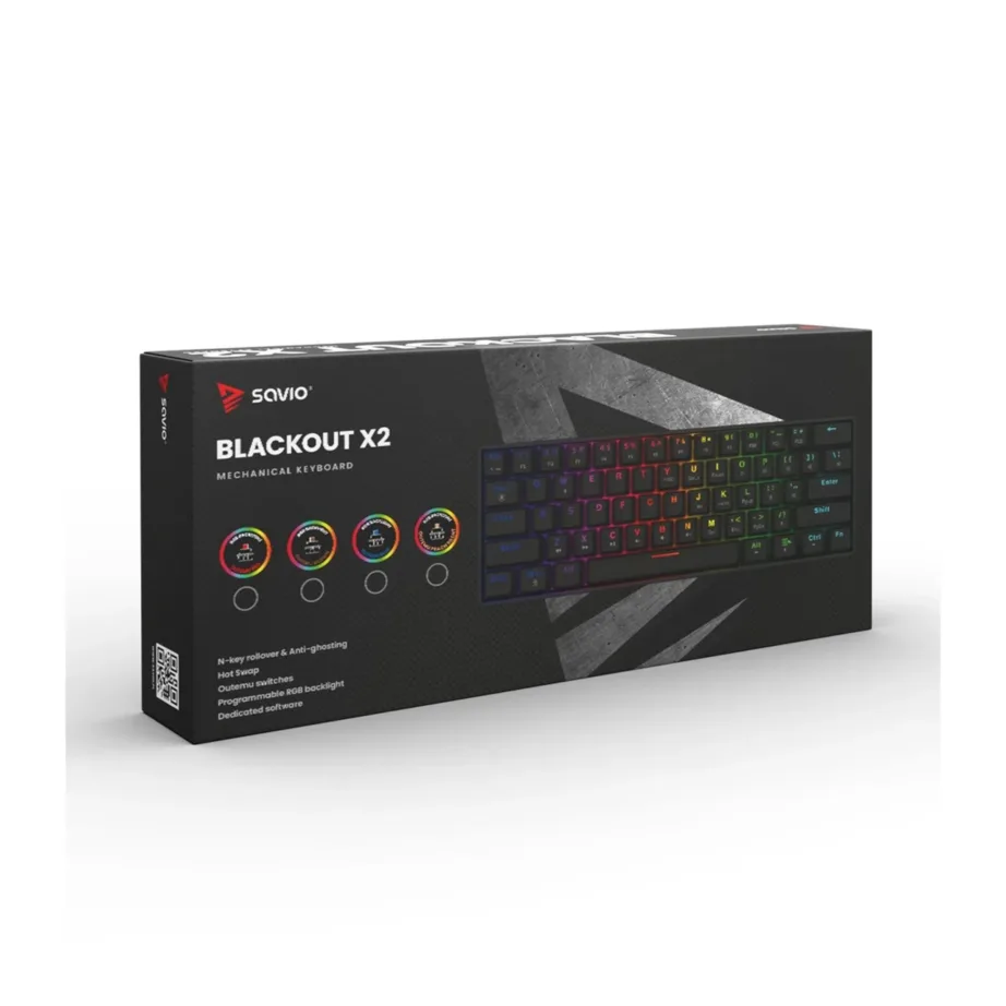 Savio Blackout X2 RED 60% mehaaniline mänguklaviatuur, Outemu Red, 61 klahvi, RGB-taustvalgustus, USB-C/USB-A, must – 6