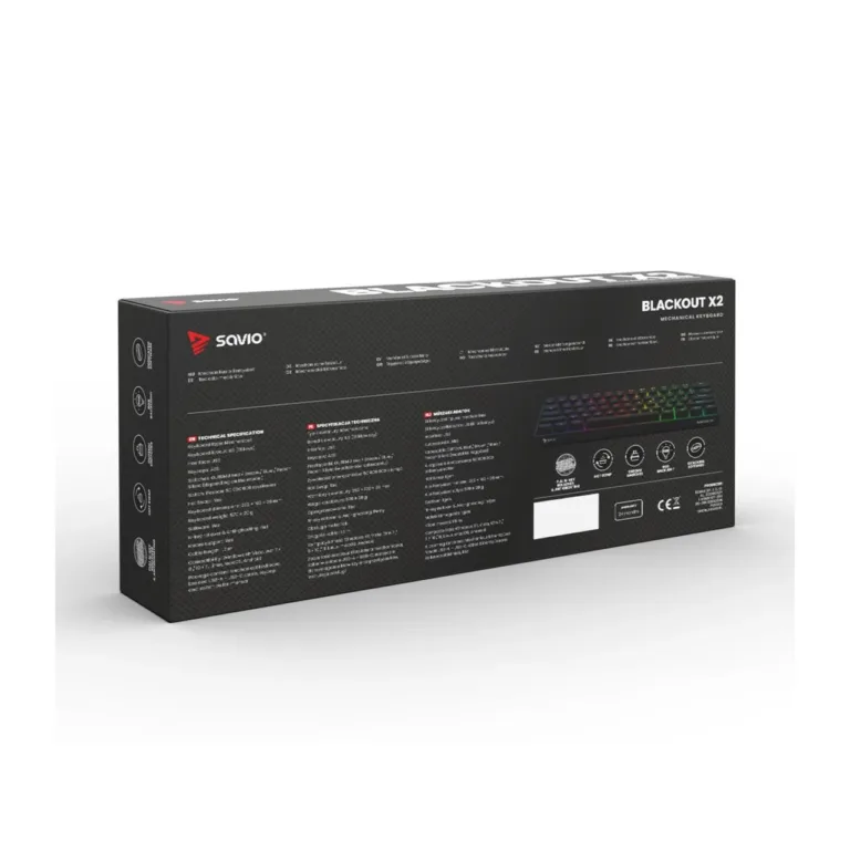 Savio Blackout X2 RED 60% mehaaniline mänguklaviatuur, Outemu Red, 61 klahvi, RGB-taustvalgustus, USB-C/USB-A, must