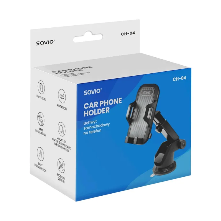 SAVIO CH-04 must ABS-silikoonist auto telefonihoidik esiklaasile, 55–113 mm nutitelefonidele