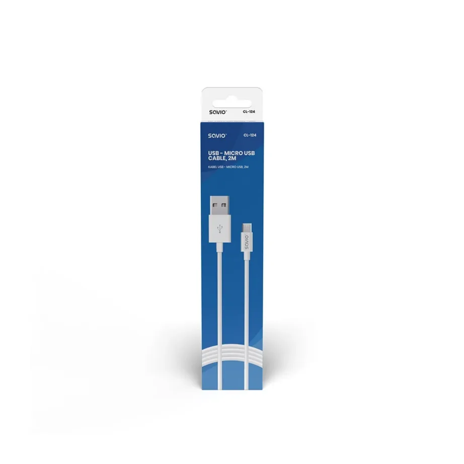 Savio CL-124 2 m valge USB-A – micro-USB B kaabel, USB 2.0, 480 Mbit/s, andmeedastus ja laadimine – 2