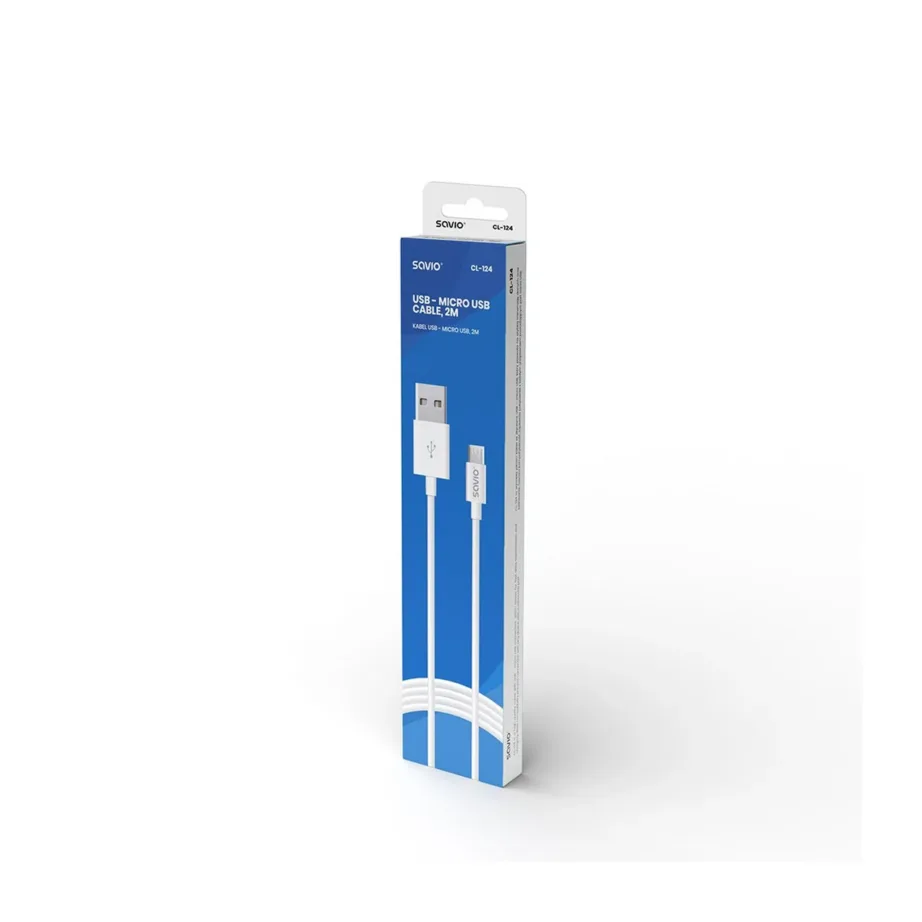 Savio CL-124 2 m valge USB-A – micro-USB B kaabel, USB 2.0, 480 Mbit/s, andmeedastus ja laadimine – 3