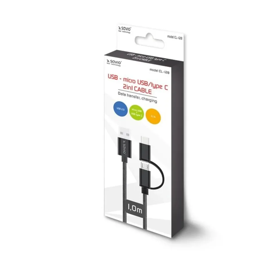 Savio CL-128 1 m must USB 2.0 USB-A – USB-C/Micro-USB laadimis- ja andmesidekaabel, 2.1 A - 3