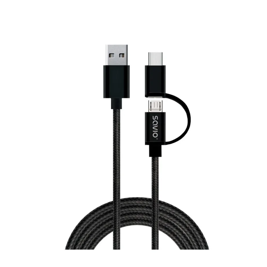 Savio CL-128 1 m must USB 2.0 USB-A – USB-C/Micro-USB laadimis- ja andmesidekaabel, 2.1 A - 4