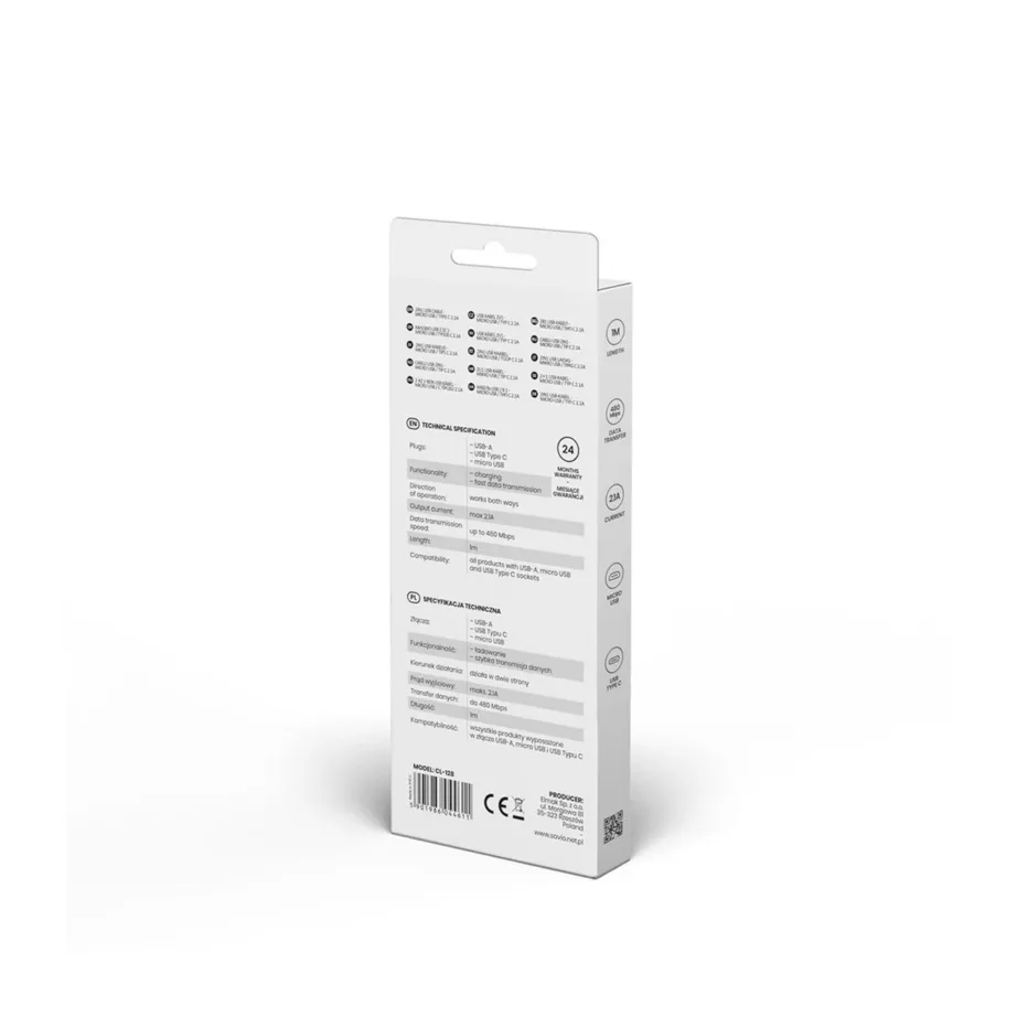 Savio CL-128 1 m must USB 2.0 USB-A – USB-C/Micro-USB laadimis- ja andmesidekaabel, 2.1 A - 5