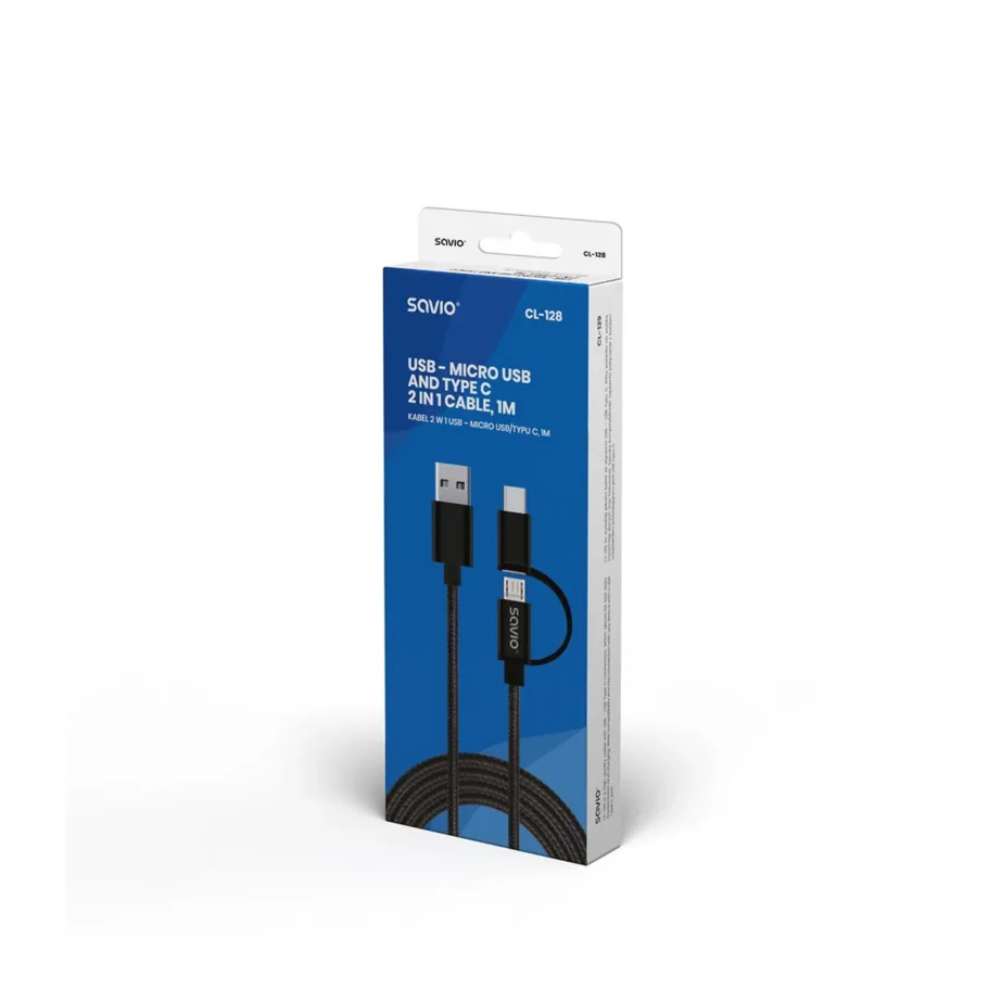 Savio CL-128 1 m must USB 2.0 USB-A – USB-C/Micro-USB laadimis- ja andmesidekaabel, 2.1 A - 6