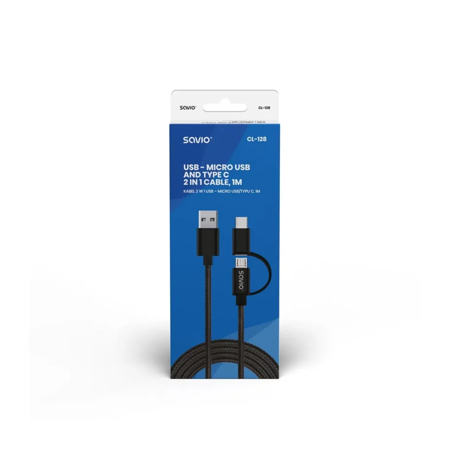 Savio CL-128 1 m must USB 2.0 USB-A – USB-C/Micro-USB laadimis- ja andmesidekaabel, 2.1 A - 7