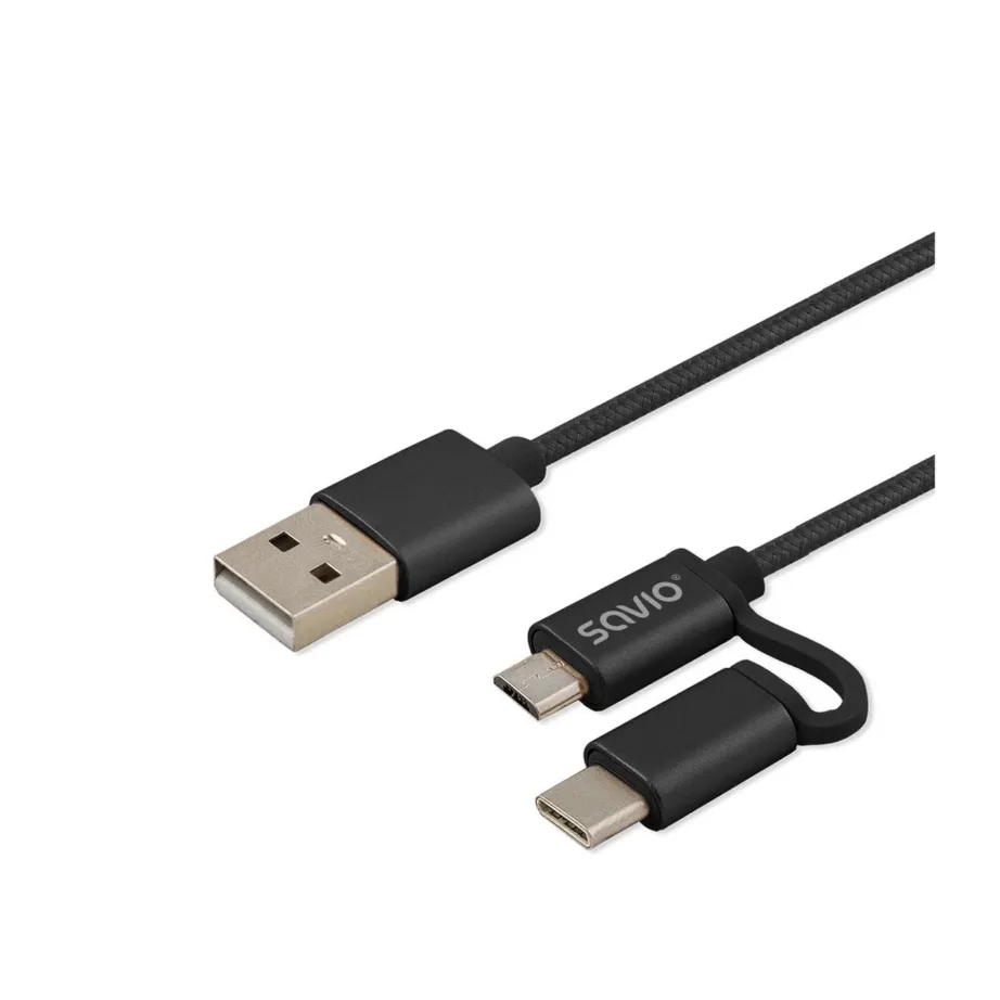 Savio CL-128 1 m must USB 2.0 USB-A – USB-C/Micro-USB laadimis- ja andmesidekaabel, 2.1 A - 8