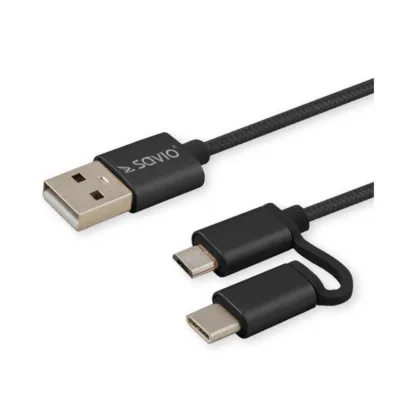 Savio CL-128 1 m must USB 2.0 USB-A – USB-C/Micro-USB laadimis- ja andmesidekaabel, 2.1 A