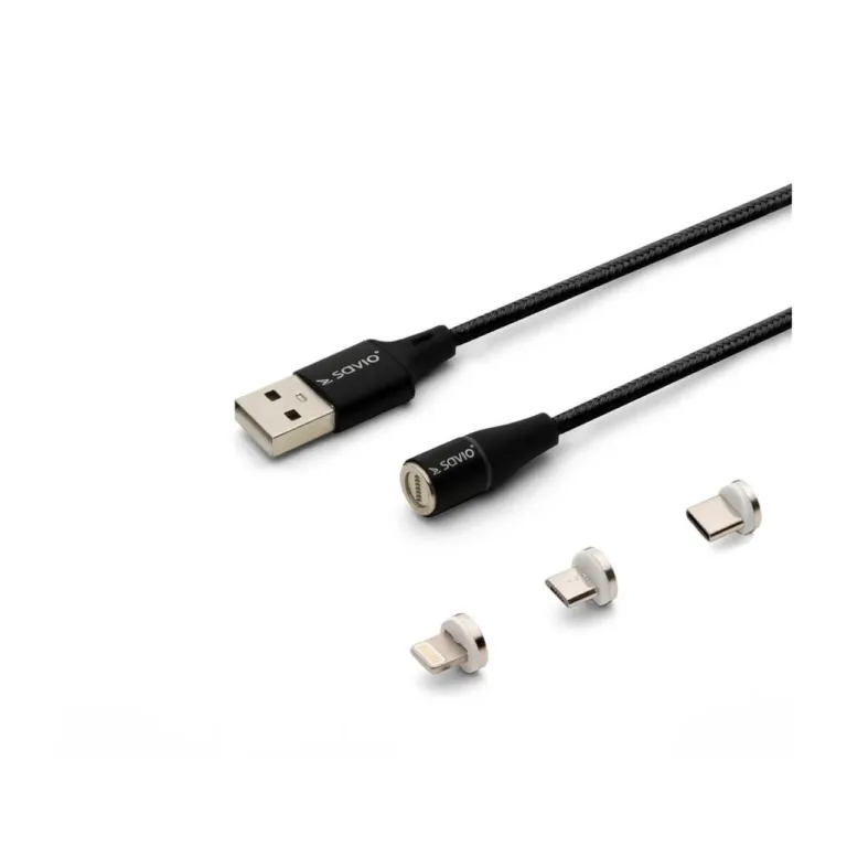 Savio CL-155 2 m must magnetiline USB 2.0 kaabel USB-C, Micro USB ja Lightning otsikutega