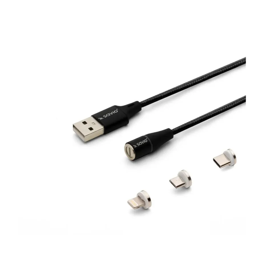 Savio CL-155 2 m must magnetiline USB 2.0 kaabel USB-C, Micro USB ja Lightning otsikutega