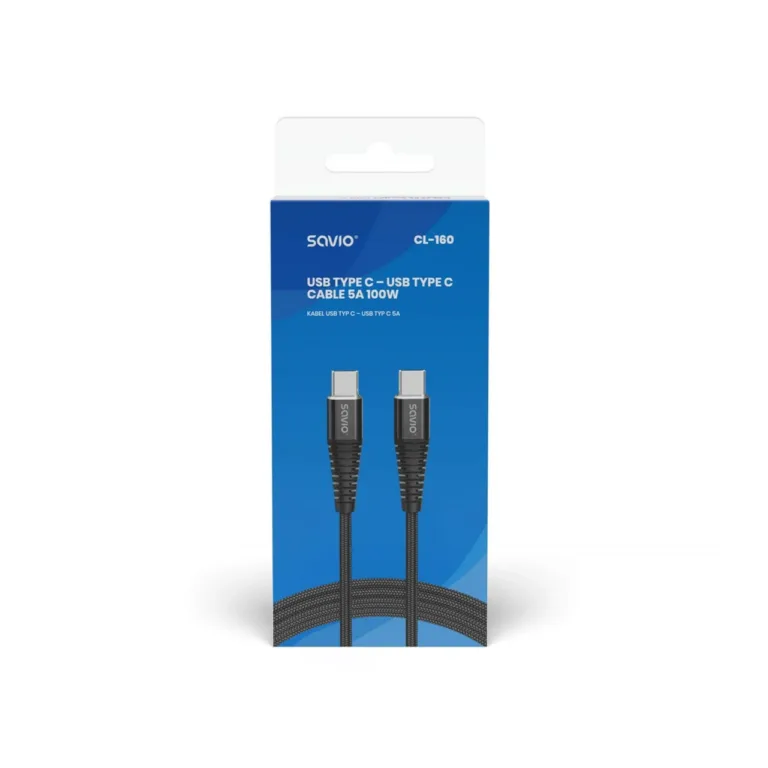 Savio CL-160 2 m must USB-C – USB-C 2.0 andme- ja laadimiskaabel (480 Mbps, 2.1A)