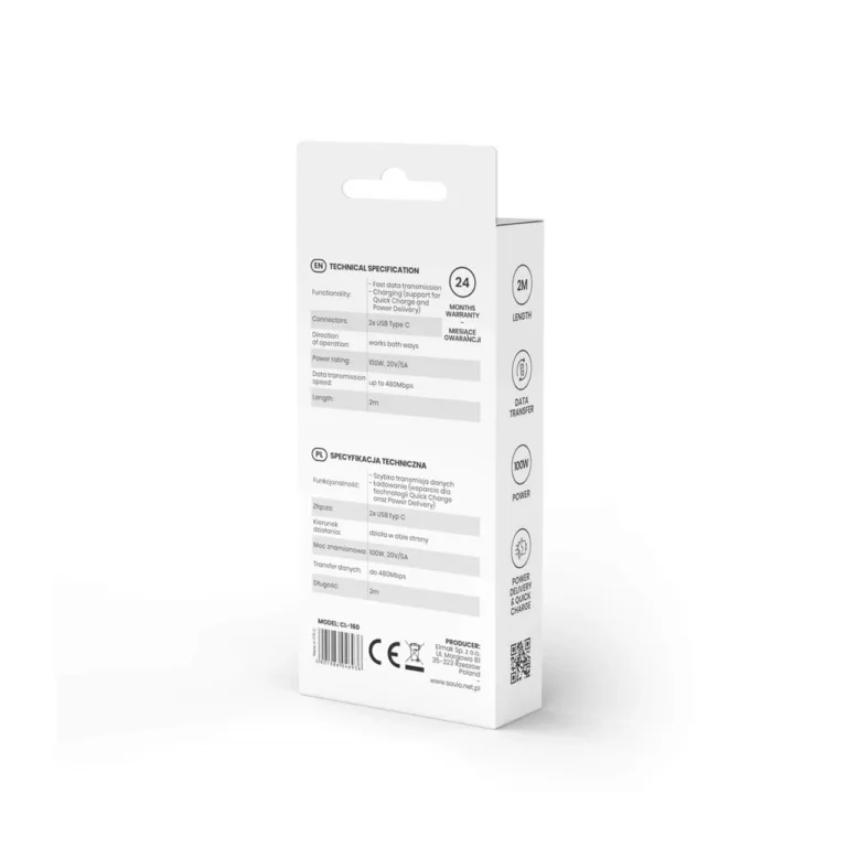 Savio CL-160 2 m must USB-C – USB-C 2.0 andme- ja laadimiskaabel (480 Mbps, 2.1A)