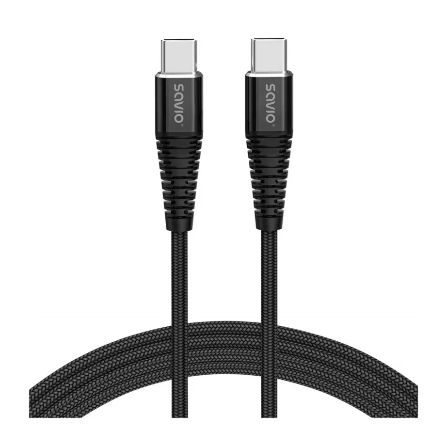 Savio CL-160 2 m must USB-C – USB-C 2.0 andme- ja laadimiskaabel (480 Mbps, 2.1A)