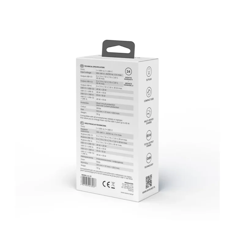 SAVIO LA-07 valge 65W GaN seinalaadija, USB-C ja USB, QC 4.0+, PD 3.0, nutitelefonidele