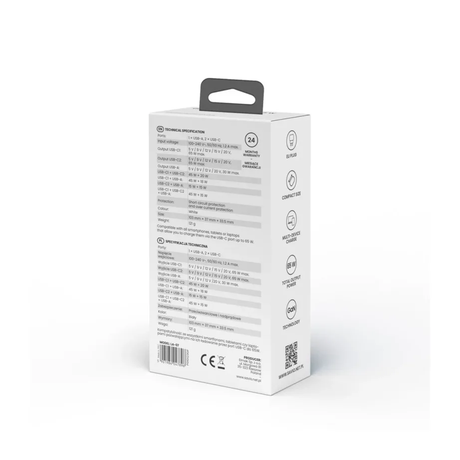 SAVIO LA-07 valge 65W GaN seinalaadija, USB-C ja USB, QC 4.0+, PD 3.0, nutitelefonidele – 2