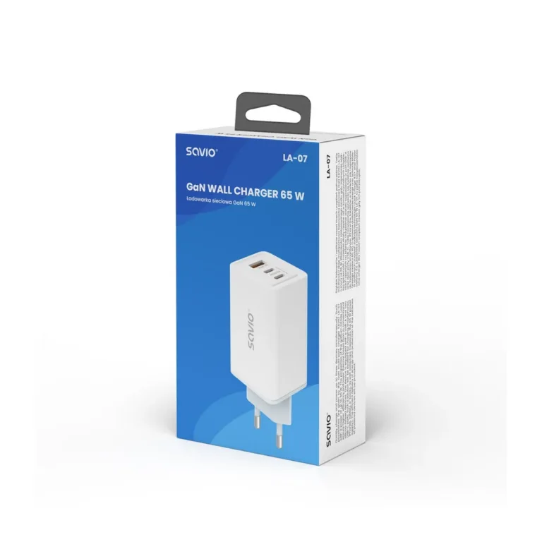 SAVIO LA-07 valge 65W GaN seinalaadija, USB-C ja USB, QC 4.0+, PD 3.0, nutitelefonidele