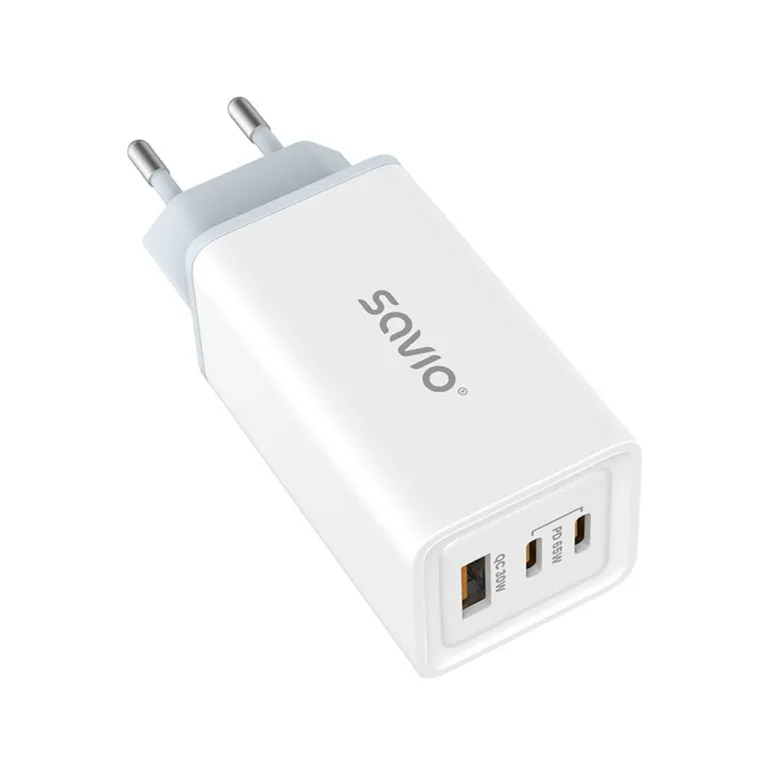 SAVIO LA-07 valge 65W GaN seinalaadija, USB-C ja USB, QC 4.0+, PD 3.0, nutitelefonidele