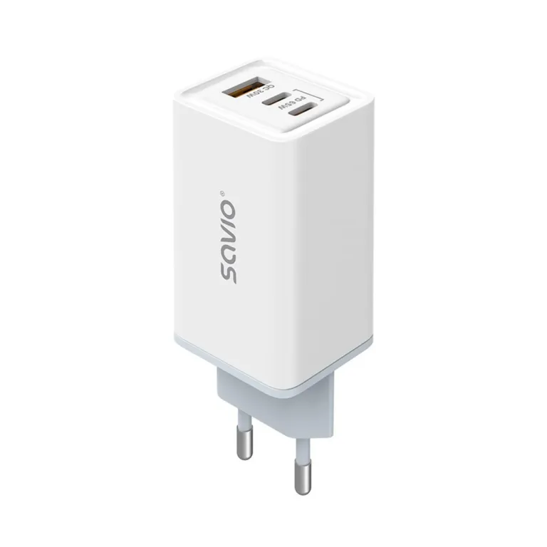 SAVIO LA-07 valge 65W GaN seinalaadija, USB-C ja USB, QC 4.0+, PD 3.0, nutitelefonidele