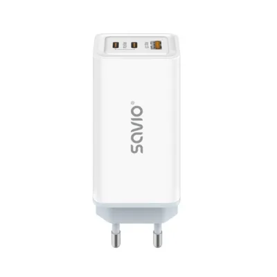 SAVIO LA-07 valge 65W GaN seinalaadija, USB-C ja USB, QC 4.0+, PD 3.0, nutitelefonidele