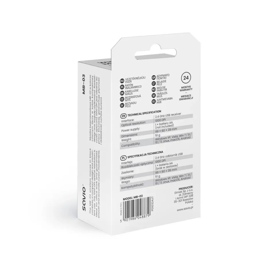 Savio MB-03 1000 DPI juhtmevaba must hiir universaalseks kasutuseks, USB vastuvõtjaga, 99×60×39 mm, 51 g – 5